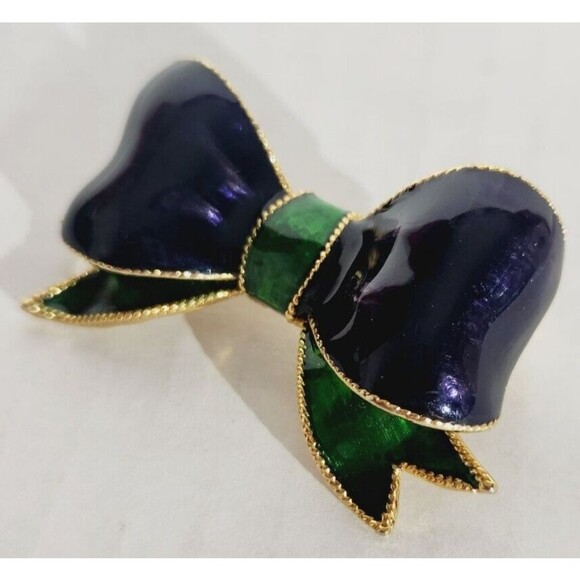 Vintage Brooch Pin Bow Ribbon Enamel Blue Green Gold - Picture 2 of 9